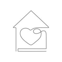hus kontur med hjärta inuti, sweet home, bostadshus kontinuerlig en konst linjeteckning. kärlek, familj i hemmet. enda kontur konstruktion hus. vård och trygghet i hemmet, byggnaden. vektor