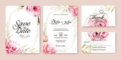 bröllopsinbjudan, spara datumet, tack, designmall för rsvp-kort. vektor. rosa ros, olivblad. akvarell stil vektor