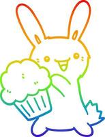 Regenbogengradientenlinie zeichnet niedliches Cartoon-Kaninchen mit Muffin vektor
