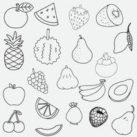 00003 doodle handritade svarta och vita ikoner av frukter ananas, bananer, apelsiner, fikon, persimmons, granatäpplen, citron, plommon, äpple vektor