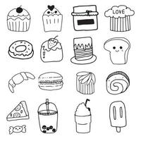 Dessertset mit schwarzer Linie enthält Symbole wie Macarons, Bagel, süßes Brot und mehr. vektor