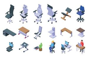 ergonomisk arbetsplats ikoner set, isometrisk stil vektor