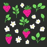 jordgubbe clipart med blommor blad och kvistar i platt stil vektor