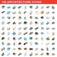 100 Architektursymbole gesetzt, isometrischer 3D-Stil vektor