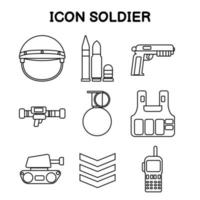 soldat ikon, svart kontur stil, vapen, pistol, bomb och läger emblem, vektor illustration isolerad på vit bakgrund.