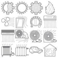 Symbole für Wärme-Kühlluftstrom-Werkzeuge, Umrissstil vektor