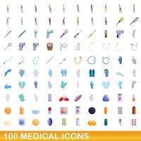 100 medicinska ikoner set, tecknad stil vektor