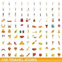 100 resor ikoner set, tecknad stil vektor