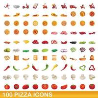100 pizza ikoner set, tecknad stil vektor