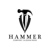 Hammer, Bauwerkzeuge und Richter-Logo-Vektorsymbol, Vintage-Retro-Design-Illustration vektor