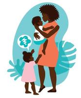 Die schwarze Mutter der kleinen Zwillinge macht sich Sorgen um die Eifersucht der Kinder. das Verhältnis von Bruder und Schwester. familiäre Betreuung. Lifestyle-Konzept für die Kindheit. vektor isolierte illustration.