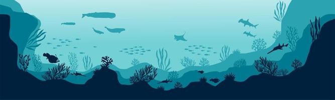 Unterwasser-Silhouette-Hintergrund. unterwasser-korallenriff, seefische und meeresalgen-cartoon-szene, unter wasser. Vektor-Live-Aqua und Meeresboden vektor