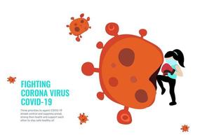 ein mächtiges mädchen trägt eine medizinische maske, springt und knie trifft den corona-virus-ballvektor