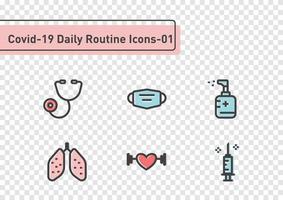 covid-19 tägliche routine flache linie symbolsatz isoliert auf transparentem hintergrund vektor