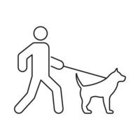 man promenad med hund i koppel svart linje ikon. rollator person med däggdjur husdjur hund platt symbol. pojke med inhemsk glad valp promenader i stadsparken kontur piktogram. isolerade vektor illustration.