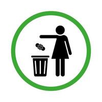 kvinna vänligen bara kasta skräp i papperskorgen silhuettikonen. får slänga servett, papper, kuddar, handduk i papperskorgen symbol. glyf piktogram. hålla ren ikon. isolerade vektor illustration.