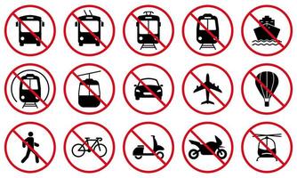 Verbot Transport schwarze Silhouette Icon-Set. Verbotenes Fahrzeug Auto, Zug, Fahrrad, Trolley, Shuttlebus, Straßenbahn, Fahrrad, Motorradpiktogramm. Verbotene Straße rotes Stoppsymbol. isolierte vektorillustration. vektor