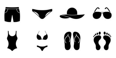 Sommerbadebekleidung für Damen und Herren schwarze Silhouette Icon-Set. einteiliger zweiteiliger Badeanzug mit kurzem Hut, Badehose, Flip-Flop-Sonnenbrille, Piktogramm. Urlaub Sommer tragen Symbol. isolierte Vektorillustration. vektor