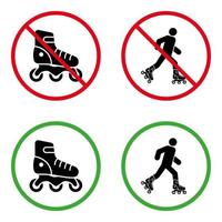 Mann im Rollschuh verbotenes Piktogramm. Vorsicht auf Rollschuhen grünes Symbol erlaubt. kein Rollerblading-Schild. Einreiseerlaubnis mit schwarzem Silhouetten-Icon-Set für den Öko-Transport. isolierte Vektorillustration. vektor