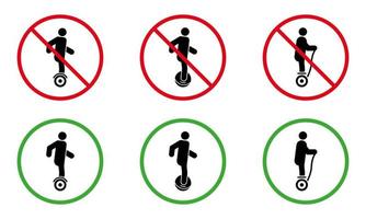 Elektro-Einrad-Hoverboard-Gyroscooter-Piktogramm-Set verbieten. Symbol für Gefahrentransporte verbieten. Warnung Hoverboard-Symbol. kein erlaubtes Kreiselrollerzeichen. Einrad verbieten. isolierte Vektorillustration. vektor
