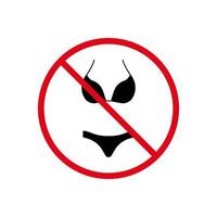 FKK-Strand-Zeichen. verbieten Sie weibliche zweiteilige Badeanzug schwarze Silhouette Symbol. Verbotenes Frauen-Bikini- und BH-Piktogramm. Unterwäsche rotes Stoppkreissymbol. Badebekleidung verboten. isolierte Vektorillustration. vektor