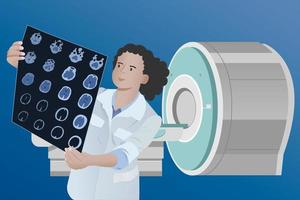 Diagnose von Erkrankungen des Gehirns durch einen Arzt, der Magnetresonanztomographien betrachtet. vektor