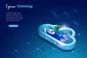 Grüne Technologie. Alternatives Verbrauchsenergiehaus und E-Auto in Cloud-Sandbox-Technologie zur Reduzierung der CO2-Emissionen. für nachhaltig positive Ökologie und Umwelt. vektor