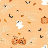 Halloween Thema nahtlose Muster mit Kürbissen, Fledermäusen, Geistern und Spinnennetz auf orangefarbenem Hintergrund vektor