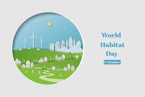 World habitat day koncept med vit stad på papper skär cirkel form bakgrund vektor