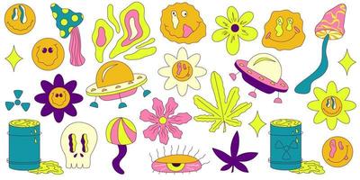 Retro-Säure-Trippy-Set im Hippie-Stil. Vektor y2k Hippie-Elemente gesetzt. Spaß groovige Retro-Clipart-Elemente. sommerblumen clipart. Trippy Lächeln trendy. gänseblümchen, cannabis und ufo helle farbe