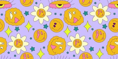 trippiges Lächeln nahtloses Muster mit Gänseblümchen und Auge. psychedelischer Hippie-Groovy-Print. gute 60er, 70er, Stimmung. Vektor trippige verrückte Illustration. Lächeln Gesicht Musterdesign y2k Stil