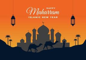 islamisches neujahr muharram mit schwarzen laternen, großer moschee und kamel vektor