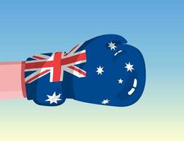 Australiens flagga på boxningshandske. konfrontation mellan länder med konkurrenskraft. kränkande attityd. maktdelning. mall redo design. vektor