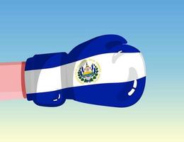 Flagge von El Salvador auf Boxhandschuh. Konfrontation zwischen Ländern mit Wettbewerbsmacht. beleidigende Haltung. Gewaltenteilung. vorlagenfertiges Design. vektor