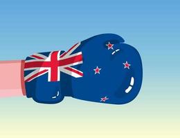 Flagge von Neuseeland auf Boxhandschuh. Konfrontation zwischen Ländern mit Wettbewerbsmacht. beleidigende Haltung. Gewaltenteilung. vorlagenfertiges Design. vektor