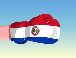 Flagge von Paraguay auf Boxhandschuh. Konfrontation zwischen Ländern mit Wettbewerbsmacht. beleidigende Haltung. Gewaltenteilung. vorlagenfertiges Design. vektor