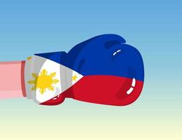 Flagge der Philippinen auf Boxhandschuh. Konfrontation zwischen Ländern mit Wettbewerbsmacht. beleidigende Haltung. Gewaltenteilung. vorlagenfertiges Design. vektor