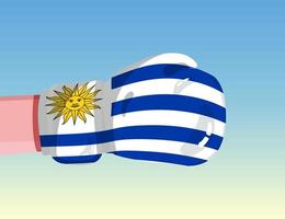 Flagge von Uruguay auf Boxhandschuh. Konfrontation zwischen Ländern mit Wettbewerbsmacht. beleidigende Haltung. Gewaltenteilung. vorlagenfertiges Design. vektor