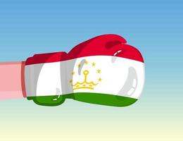 Flagge von Tadschikistan auf Boxhandschuh. Konfrontation zwischen Ländern mit Wettbewerbsmacht. beleidigende Haltung. Gewaltenteilung. vorlagenfertiges Design. vektor