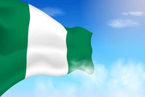 Nigeria-Flagge in den Wolken. Vektorfahne weht am Himmel. nationaltag realistische flaggenillustration. Vektor des blauen Himmels.