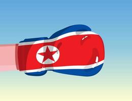 Nordkoreas flagga på boxningshandske. konfrontation mellan länder med konkurrenskraft. kränkande attityd. maktdelning. mall redo design. vektor