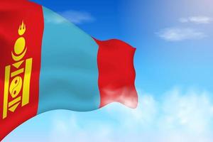 Mongolei-Flagge in den Wolken. Vektorfahne weht am Himmel. nationaltag realistische flaggenillustration. Vektor des blauen Himmels.