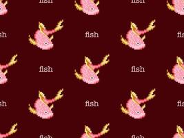 Nahtloses Muster der Fischzeichentrickfilm-figur auf rotem Hintergrund. Pixel-Stil vektor
