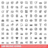 100 musikikoner set, konturstil vektor