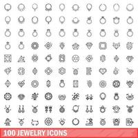 100 smycken ikoner set, kontur stil vektor