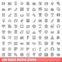 100 Massenmedien-Icons gesetzt, Umrissstil vektor