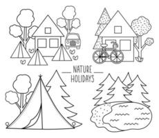 sommerlager schwarz-weiß-szenen mit haus, see, zelt, van, wald. vektorlagerfeuerlinie illustration. Aktivurlaub oder Waldlandschaftsgestaltungspaket für den lokalen Tourismus vektor