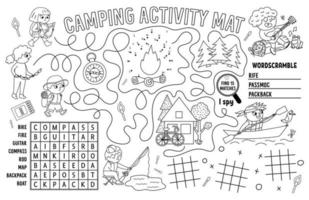 vektor camping bordstablett. sommarläger semester utskrivbar aktivitetsmatta med labyrint, tic tac toe diagram, connect the dots, wordsearch. svartvit lekmatta eller målarbok med söta barn