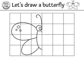 Vervollständigen Sie das Schmetterlingsbild. Arbeitsblatt zum Zeichnen von Vektorwald. druckbare Schwarz-Weiß-Aktivität für Vorschulkinder mit Insekten. Kopieren Sie das Bildgarten-Wald-Themenspiel für Kinder vektor