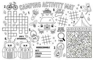 Vektor-Camping-Tischset. Sommerlagerferien druckbare Aktivitätsmatte mit Labyrinth, Tic-Tac-Toe-Diagrammen, Verbinde die Punkte, Kreuzworträtsel, Farbe nach Zahl. Schwarz-Weiß-Spielmatte oder Malseite vektor